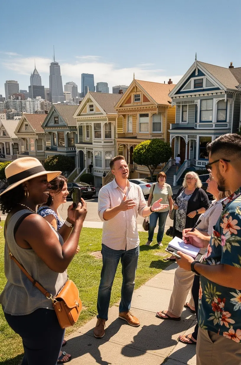Local tour guide engaging with tourists in a city.